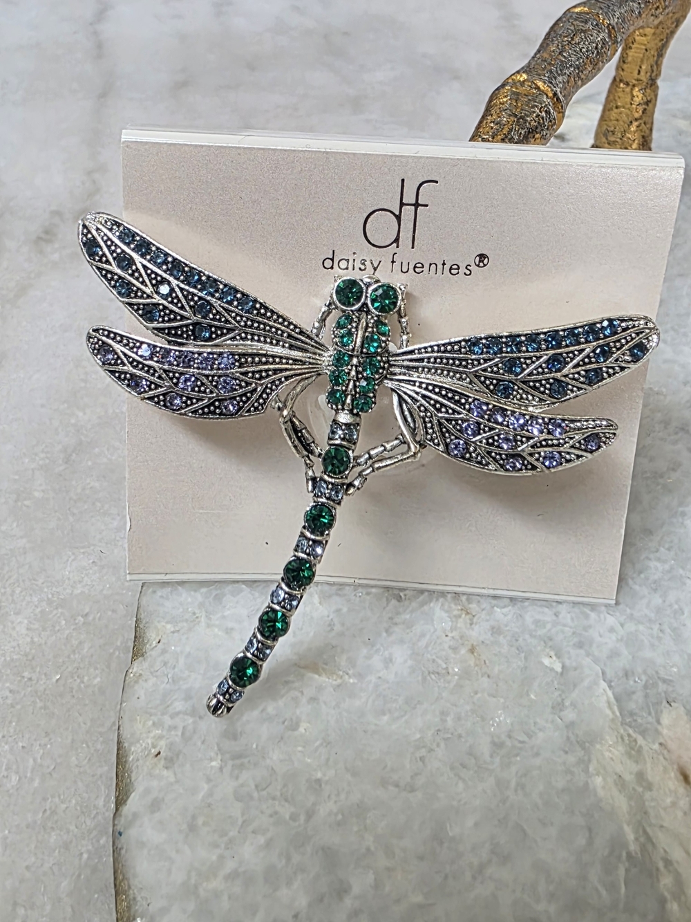 Daisy Fuentes Green and Lavender Dragonfly Brooch with Rhinestones NWT - Picture 1 of 3